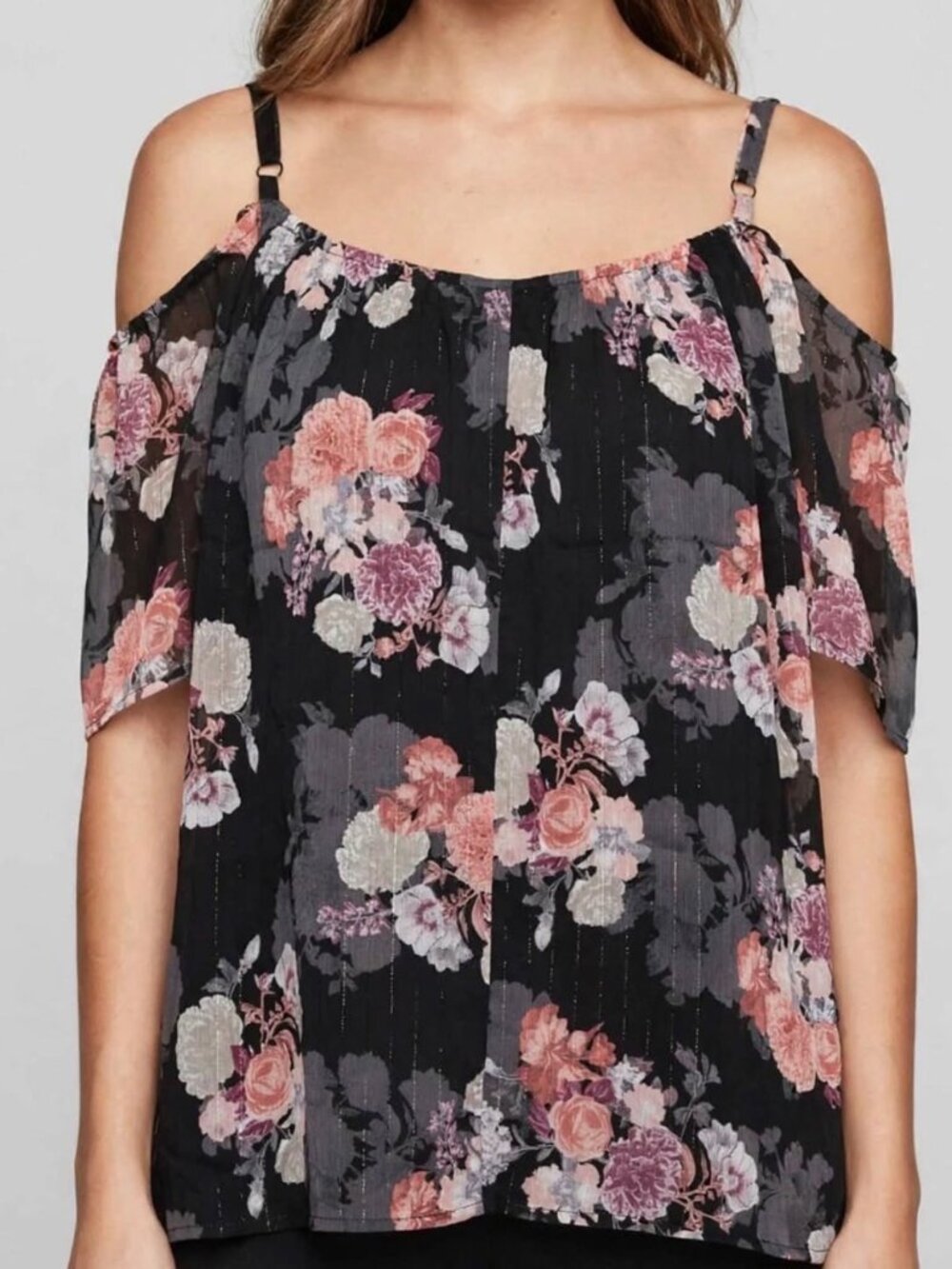 Torrid Size 2 Sheer Boho Peasant Black Floral Cold Shoulder Flutter Sleeve Top